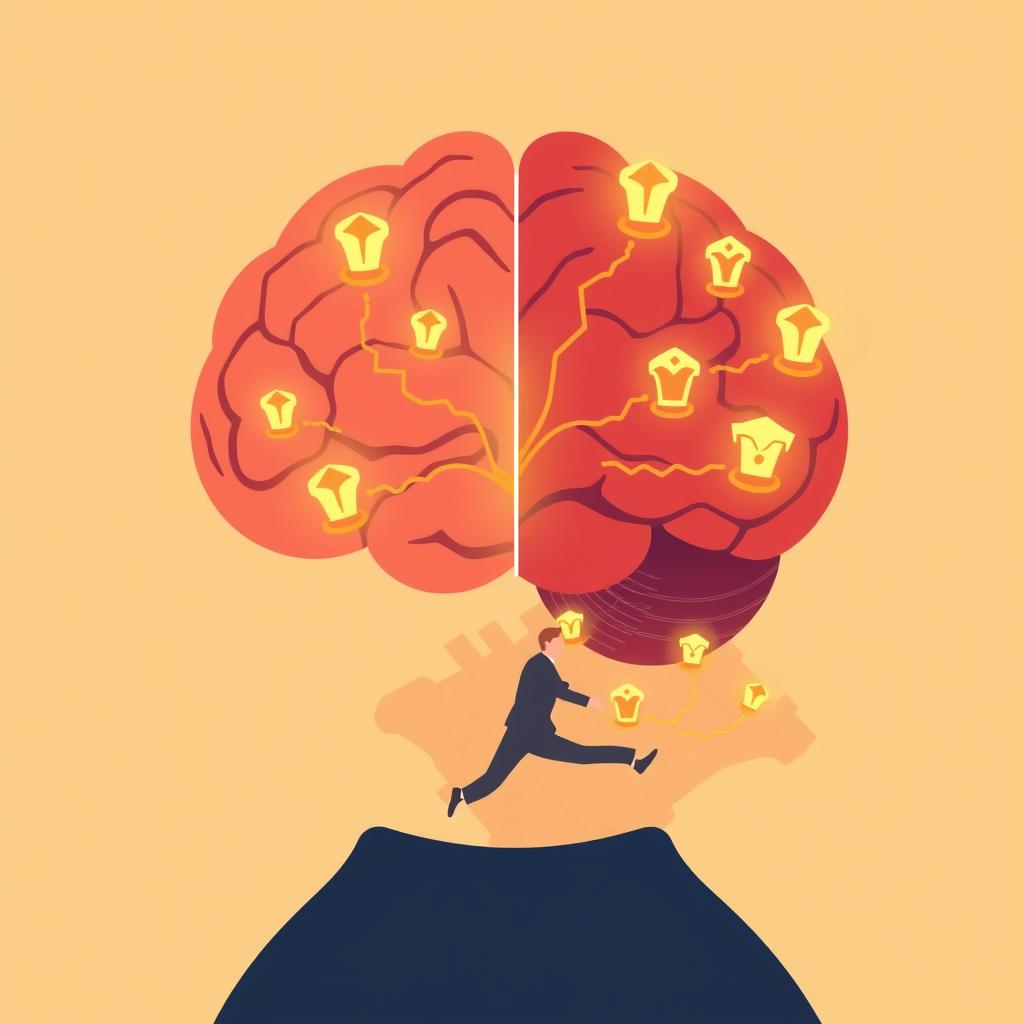 A split scene showing a person's brain with reward pathways lighting up while running past glowing treasure icons on a city m