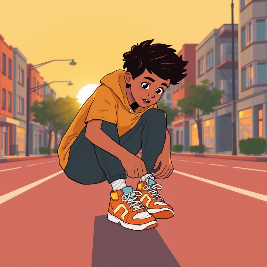 A young person lacing up bright sneakers at sunrise on an empty city street, looking determined and energized