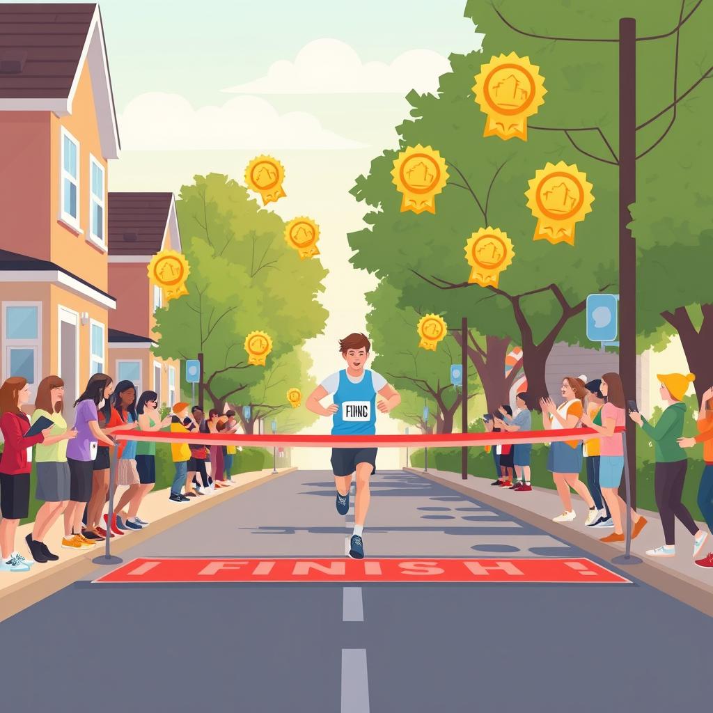 A runner crossing a finish line marker on a neighborhood street surrounded by cheering friends and glowing achievement badges