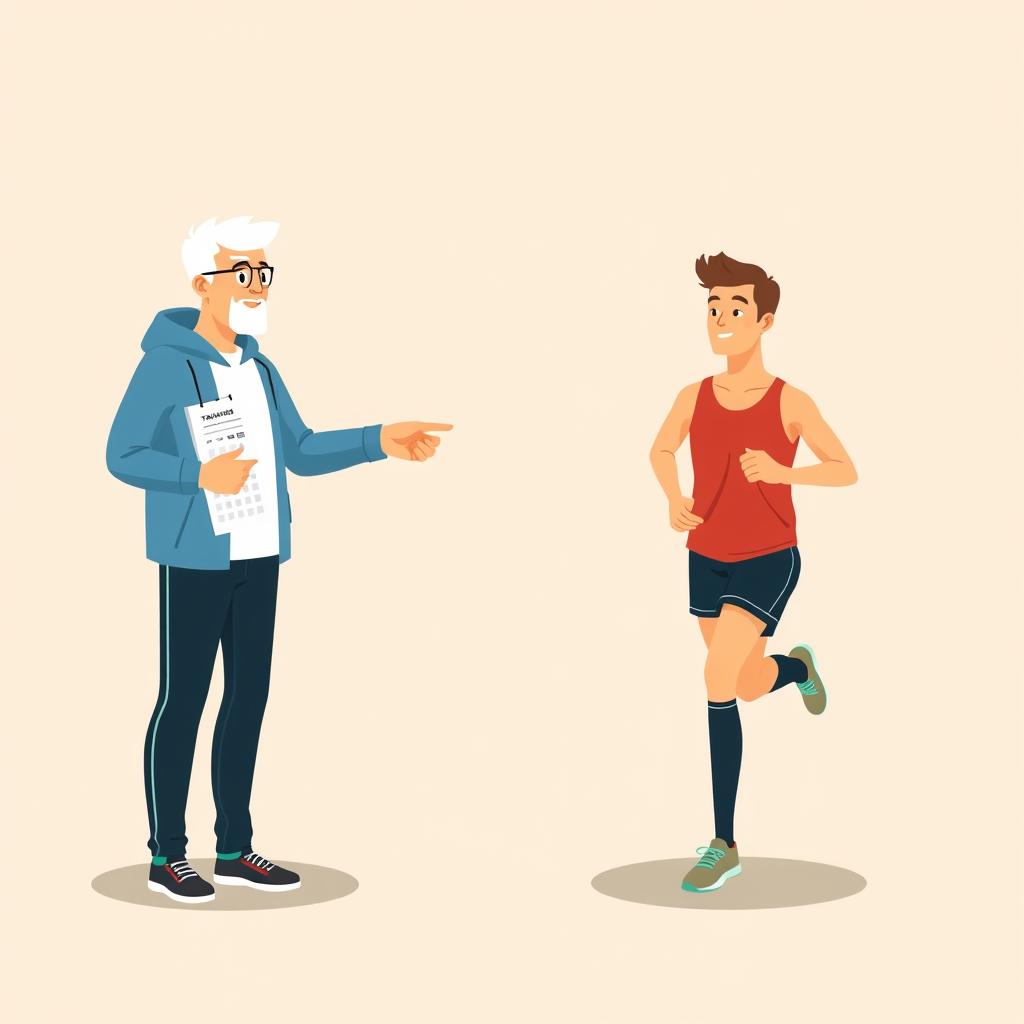 A running coach pointing at a training schedule with a runner listening attentively