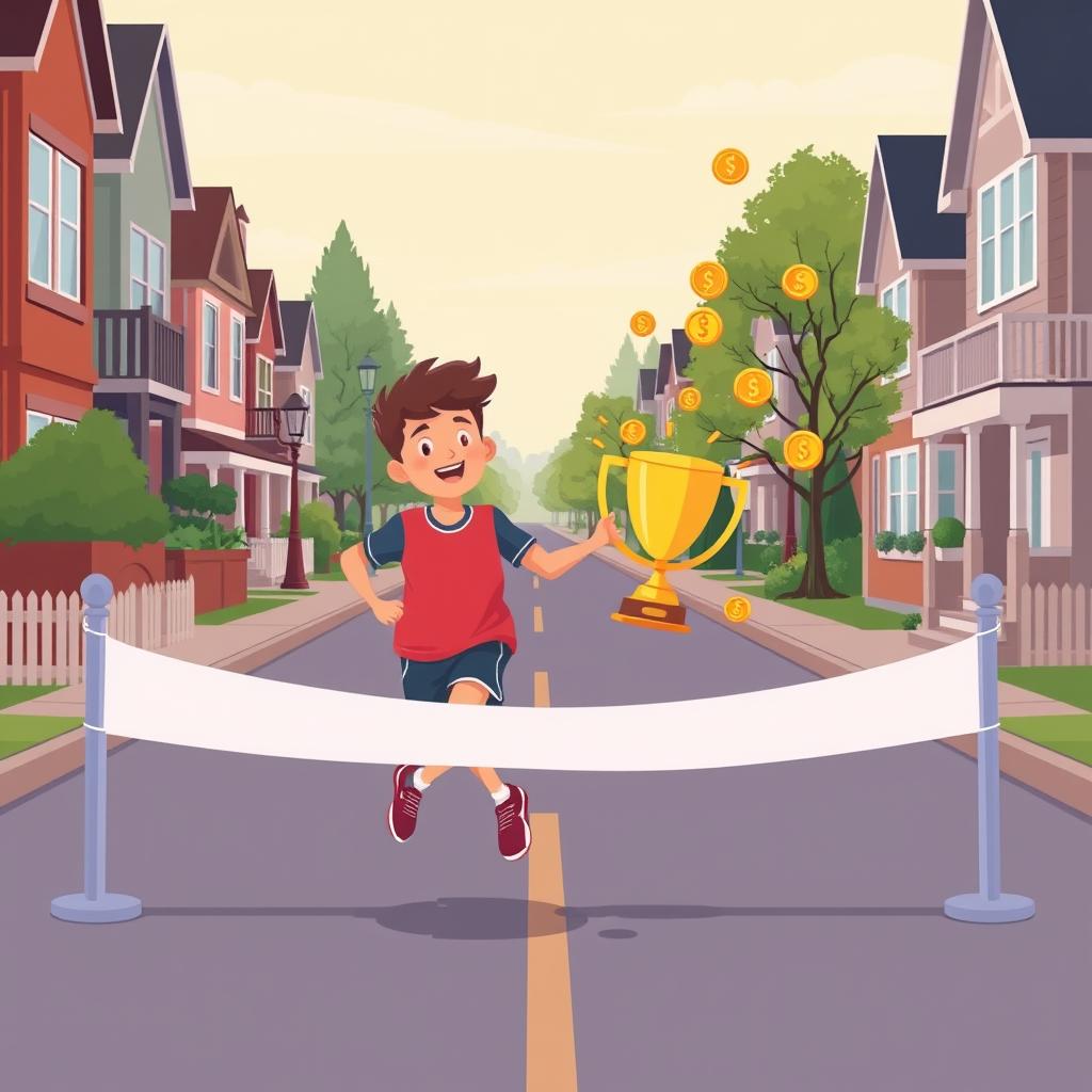 A happy young runner crossing a finish line in a neighborhood street with a glowing trophy and coins floating around them, ce