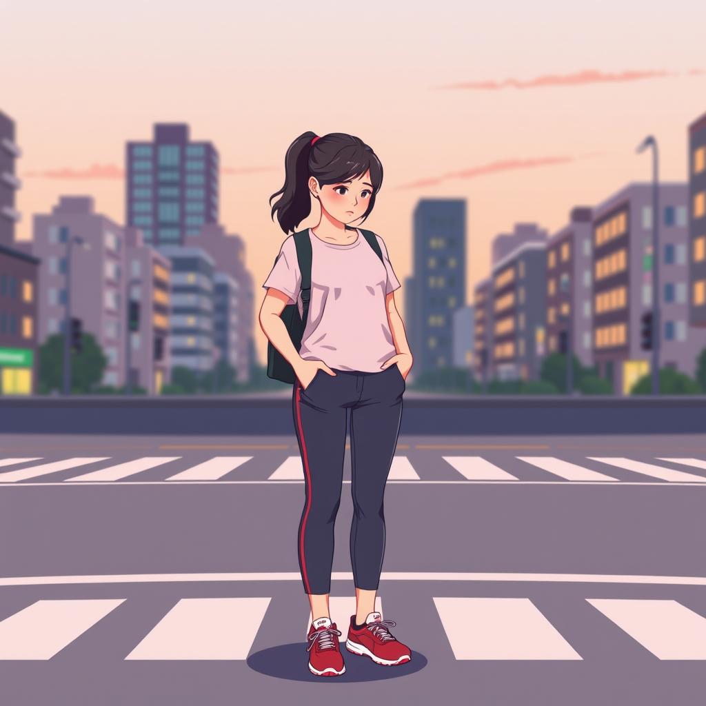A young Korean woman in casual workout clothes standing at a crossroads looking at her running shoes with a hesitant expressi