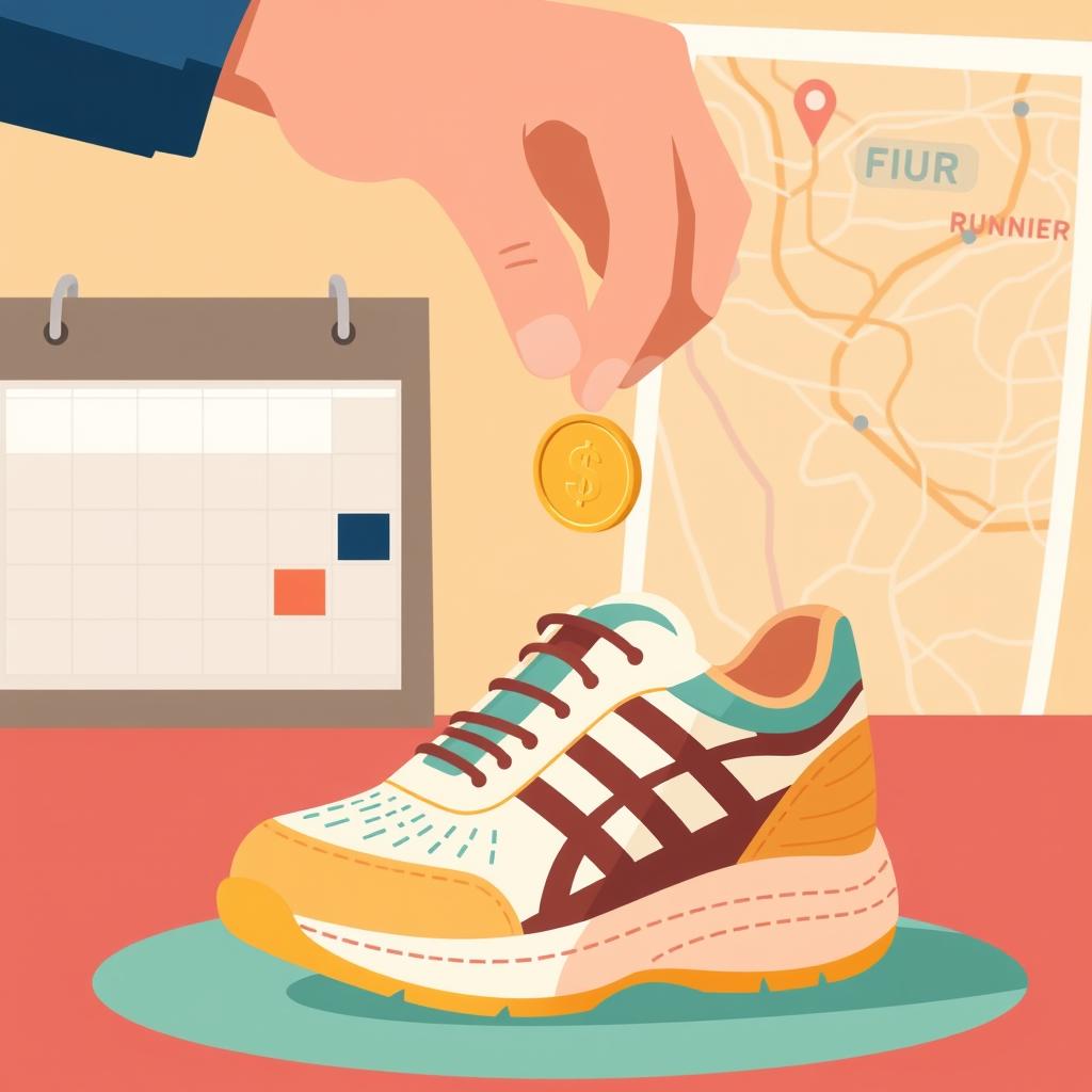 A person placing a coin into a piggy bank shaped like a running shoe with a calendar and GPS map in the background, conceptua