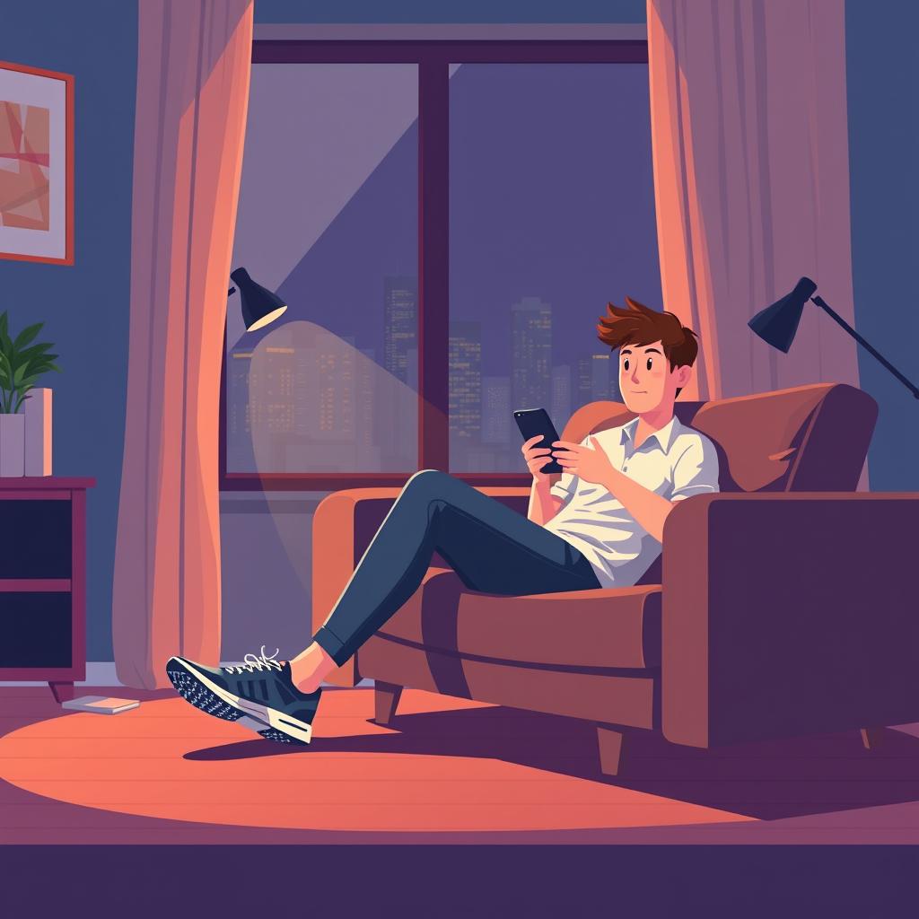 A young office worker sitting on a couch at night, running shoes untouched by the door, phone in hand scrolling instead of ex