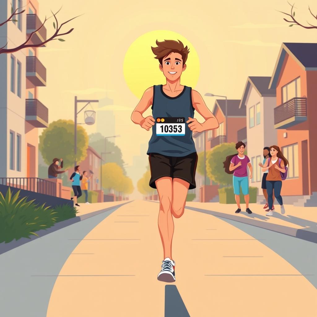 A confident young runner finishing a route in an urban neighborhood at sunrise, phone showing completed distance and achievem