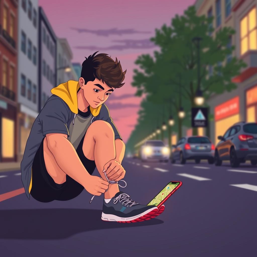 A young person lacing up running shoes at dusk in a city street, looking determined, with a glowing map on their phone screen