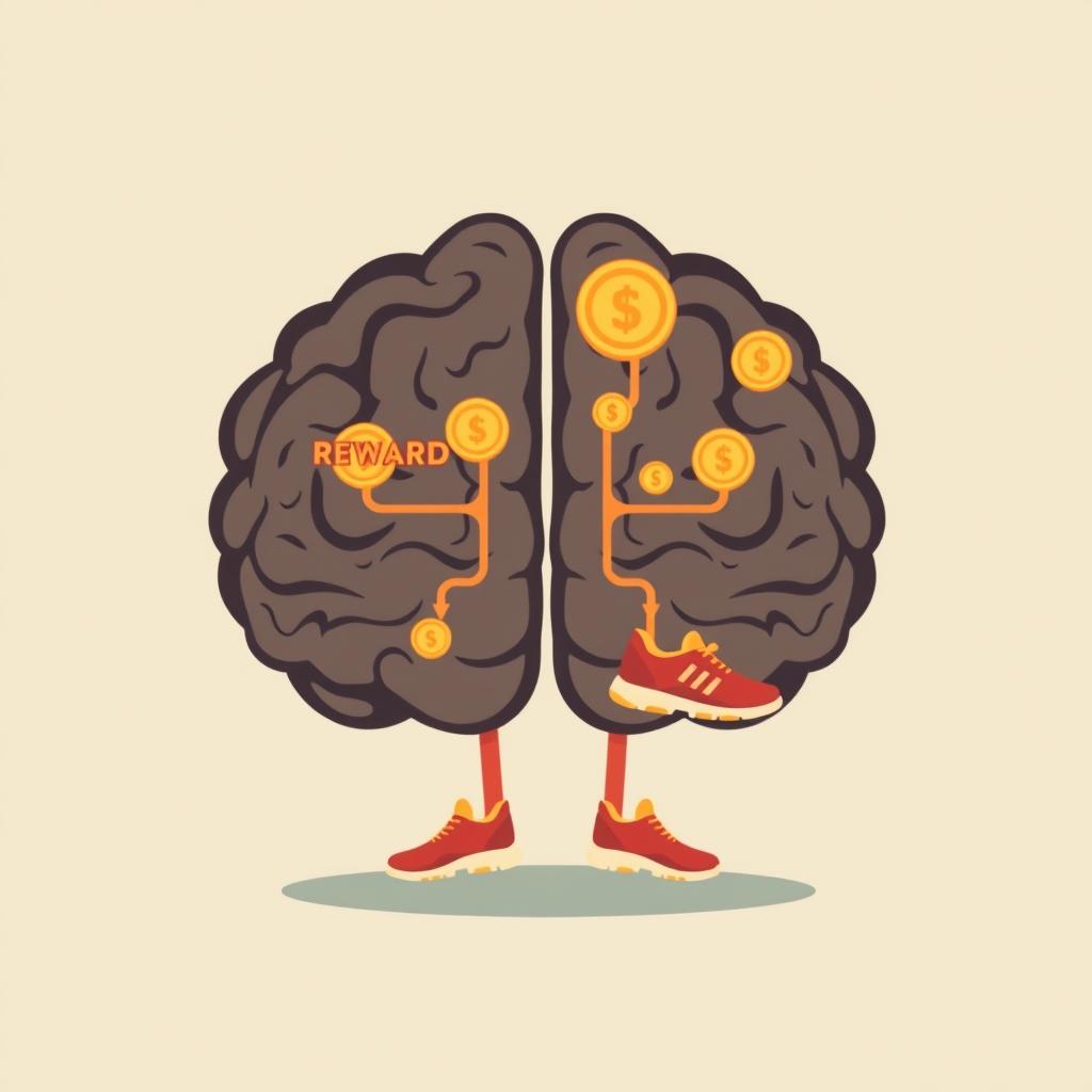 A brain split into two halves showing reward and loss pathways with coins and running shoes as symbols