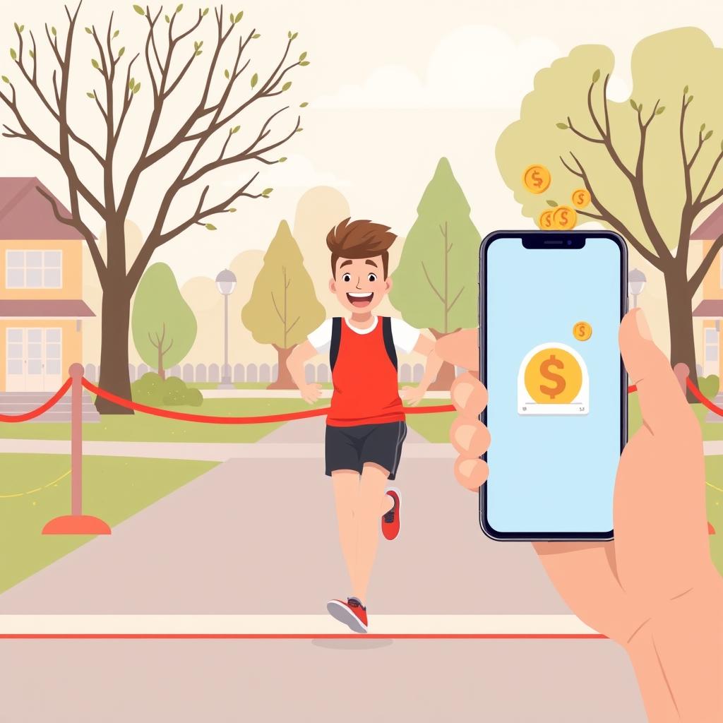 A smiling runner crossing a finish line in a neighborhood park, phone in hand showing a completed goal and coins returning to