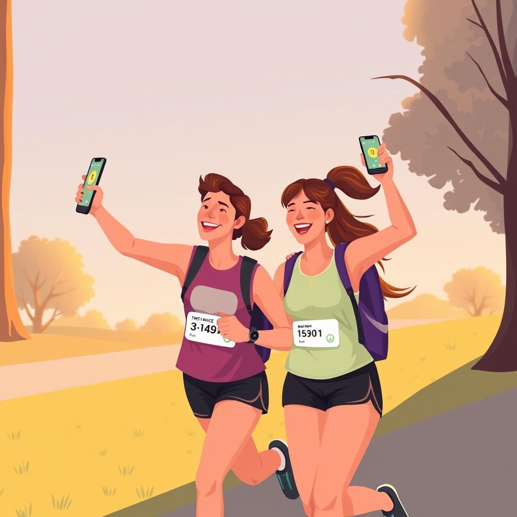 Two friends celebrating after a run in a park, phones in hand showing achievement badges and distance stats, golden hour ligh