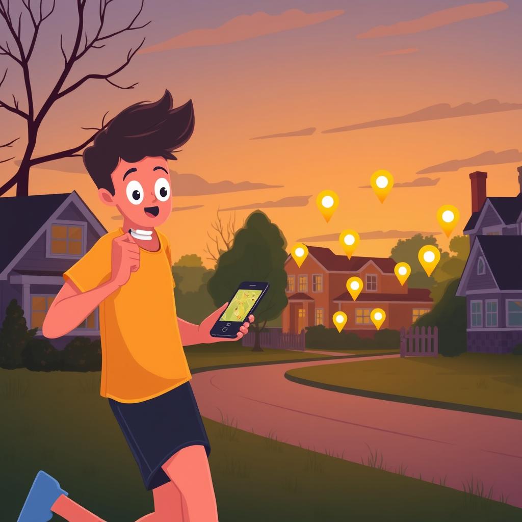 A runner outdoors at dusk checking a phone app showing a map with glowing treasure markers scattered around a neighborhood, e