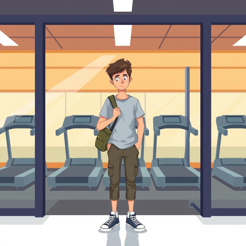 A young person in casual clothes standing at a gym entrance looking hesitant, gym bag on shoulder, empty treadmills visible i
