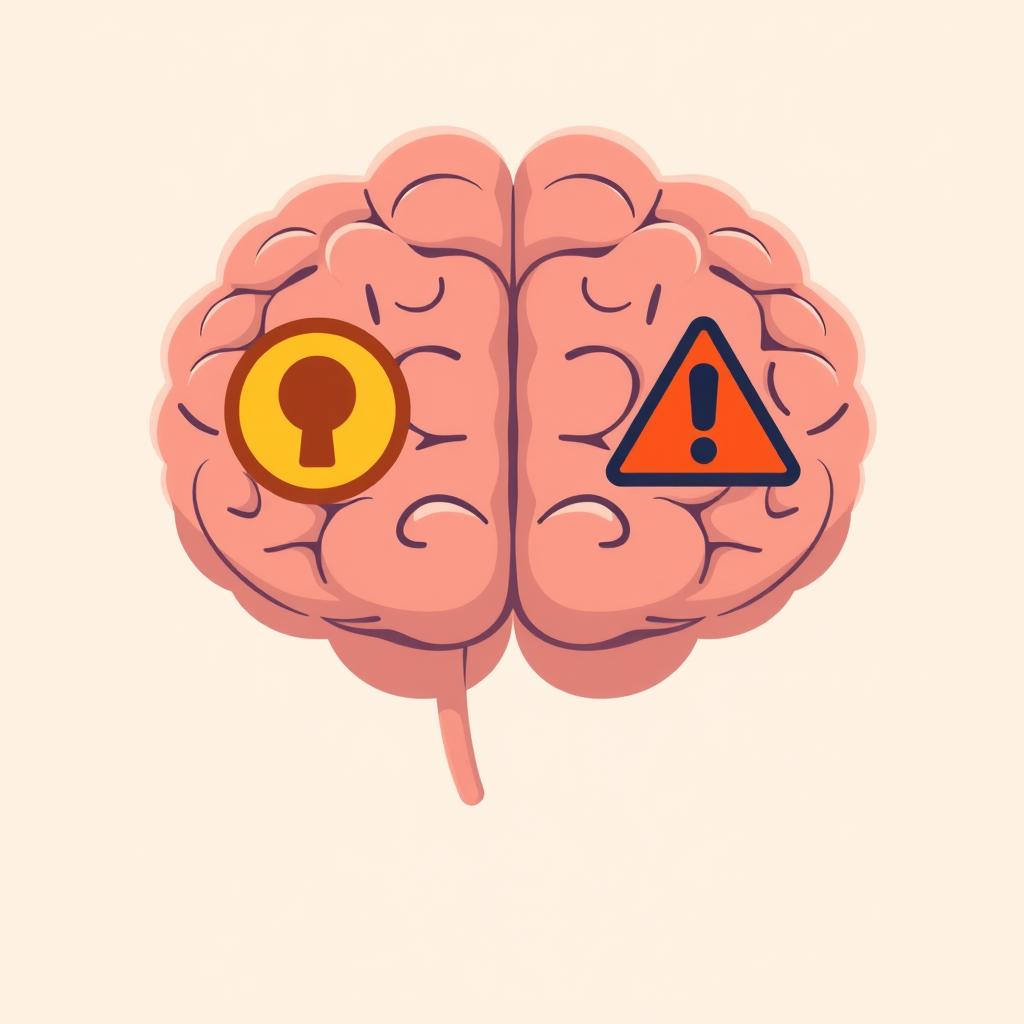 A brain split in two halves showing a reward symbol on one side and a warning symbol on the other, representing psychological