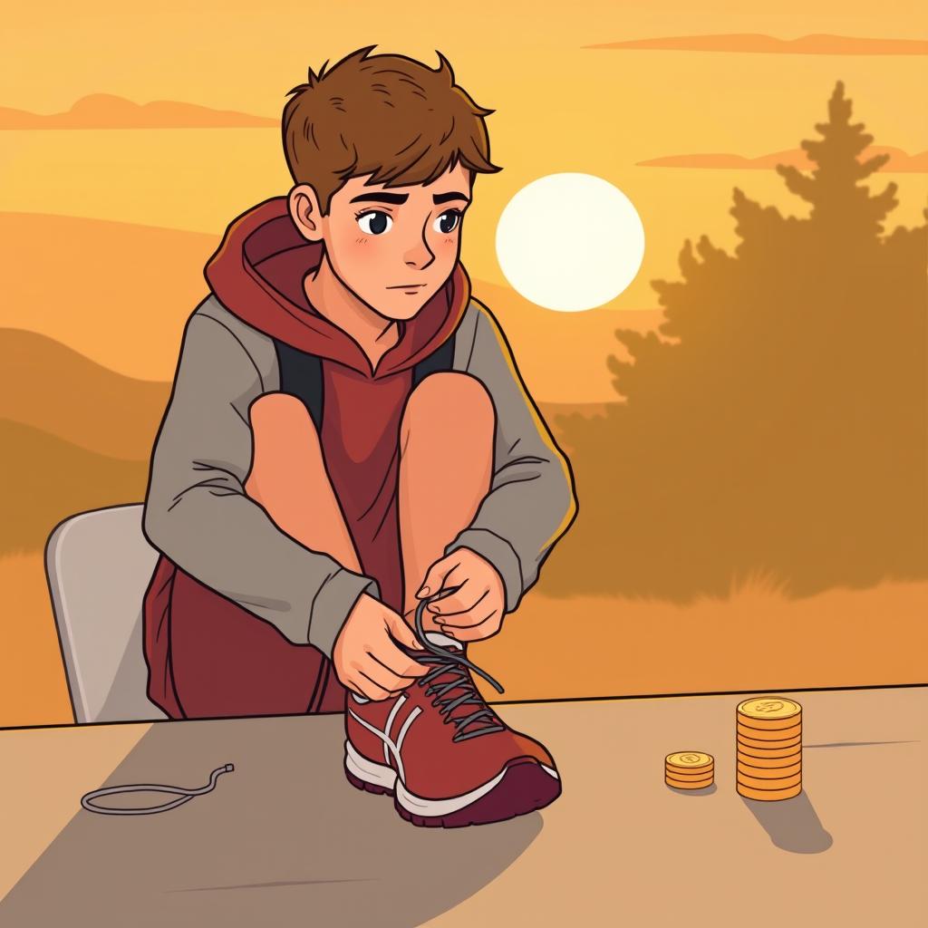 A young person lacing up running shoes at dawn, looking determined, with a small coin stack on the table beside them