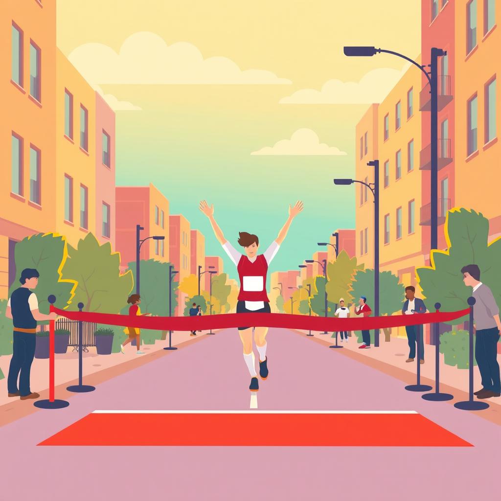 A runner crossing a finish line in an urban neighborhood, arms raised, surrounded by a glowing sense of accomplishment and co