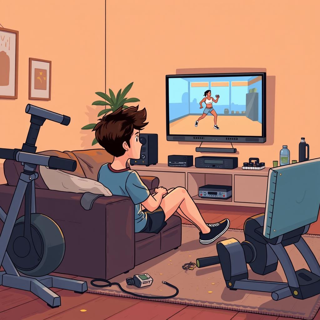 A young person sitting on a couch surrounded by fitness equipment covered in dust, looking bored at a television showing a wo