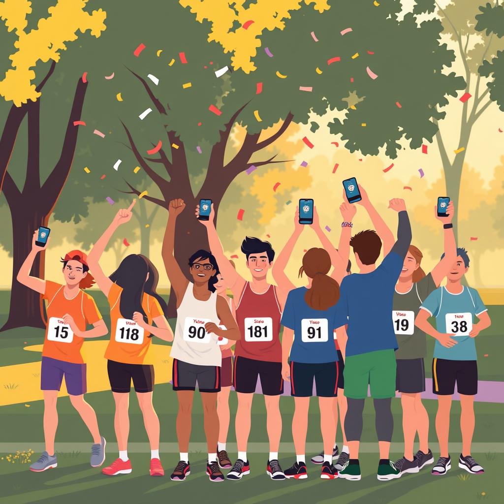 A group of young runners celebrating together in a park, phones raised showing achievement badges and rankings, golden hour l