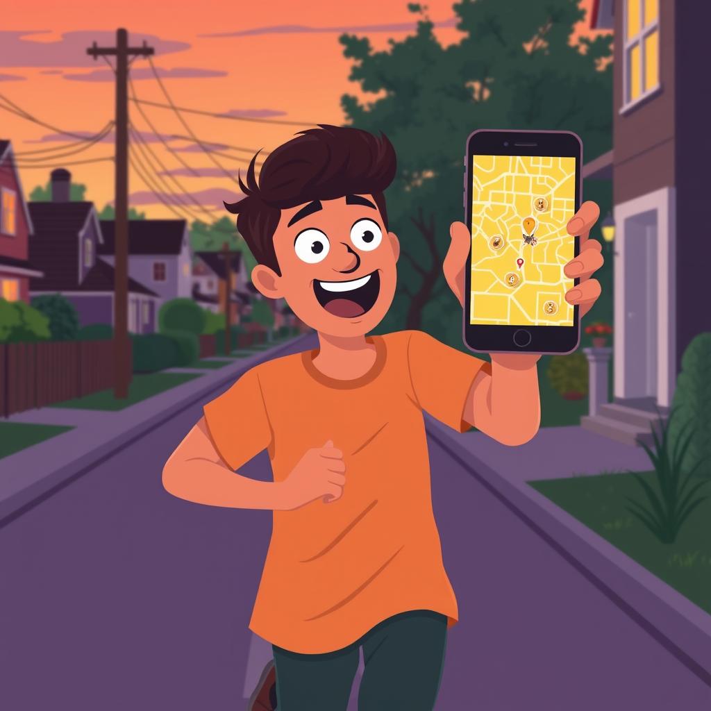 A person running outdoors through a neighborhood street at dusk, phone in hand showing a glowing map with treasure icons scat