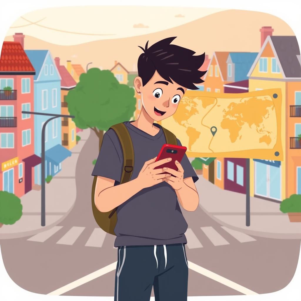 A young person in casual athletic wear standing at a crossroads in a colorful city neighborhood, looking at their phone with 