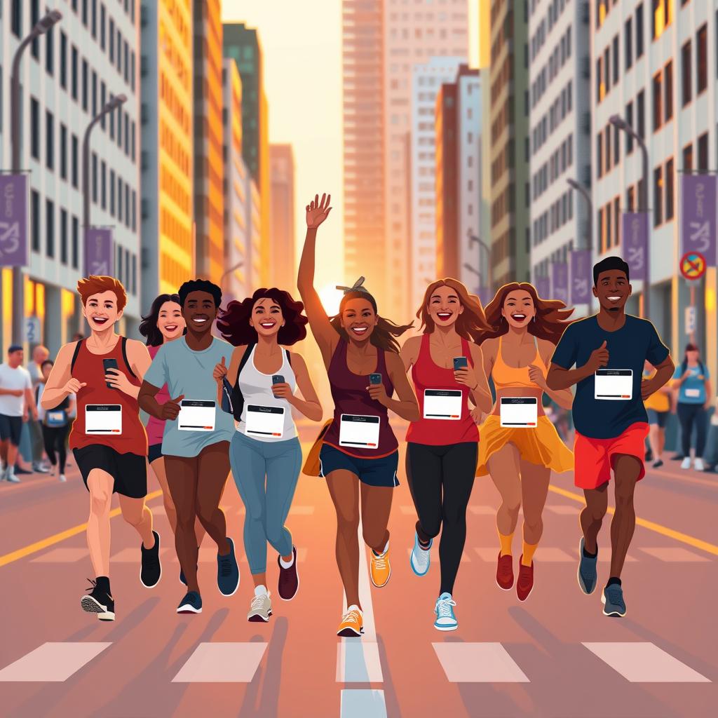A diverse group of young urban runners celebrating together on a city street at golden hour, phones in hand, expressions of g