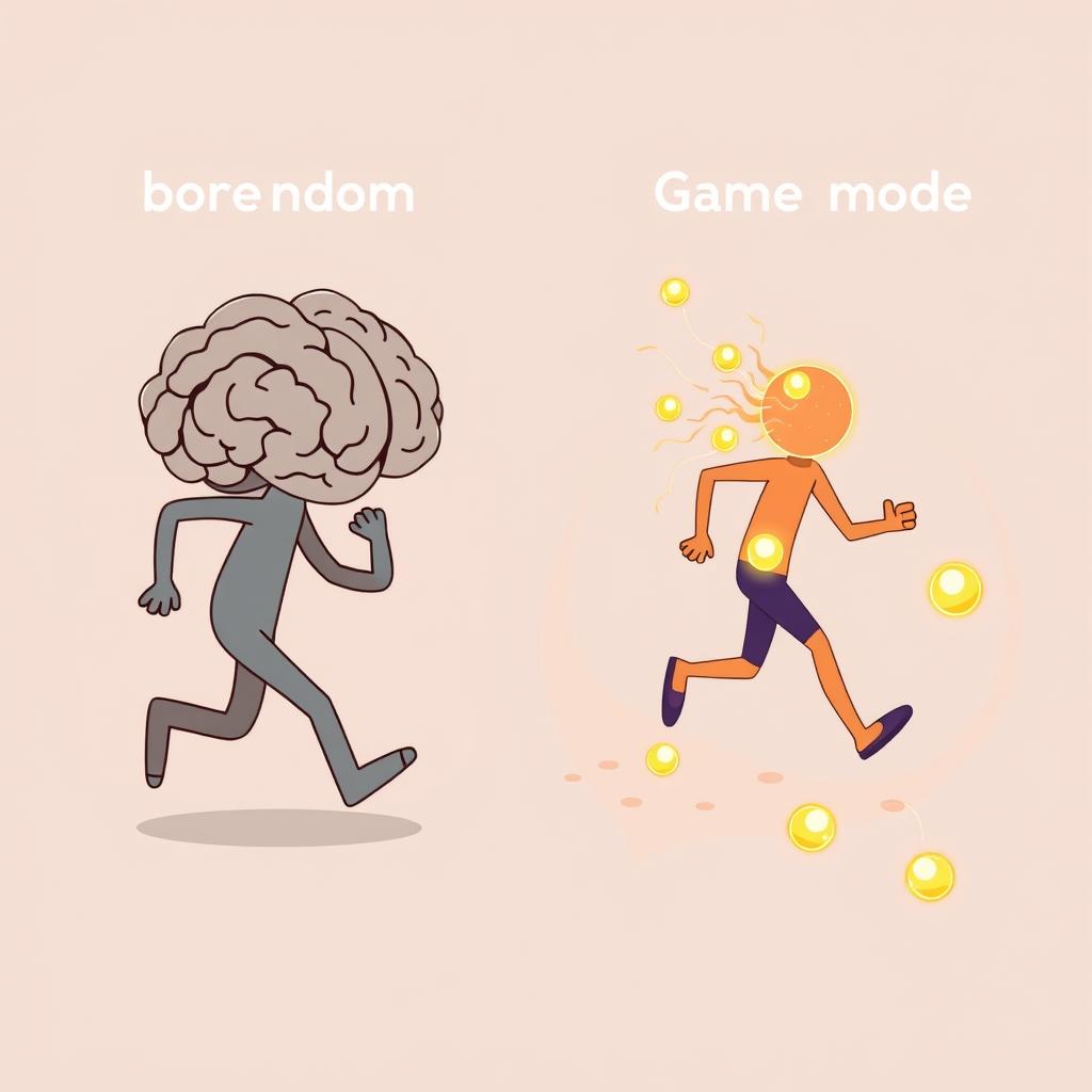 A split illustration showing two brain states side by side, one labeled boredom with a gray running figure, one labeled game 