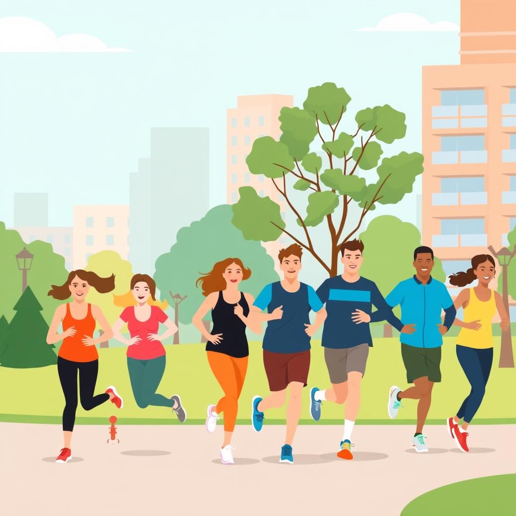 A diverse group of runners jogging together in a city park, friendly atmosphere