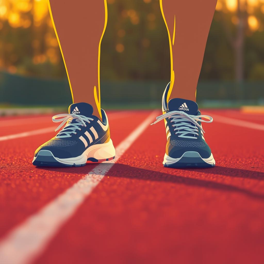 Close-up of running shoes on an athletic track with golden hour lighting