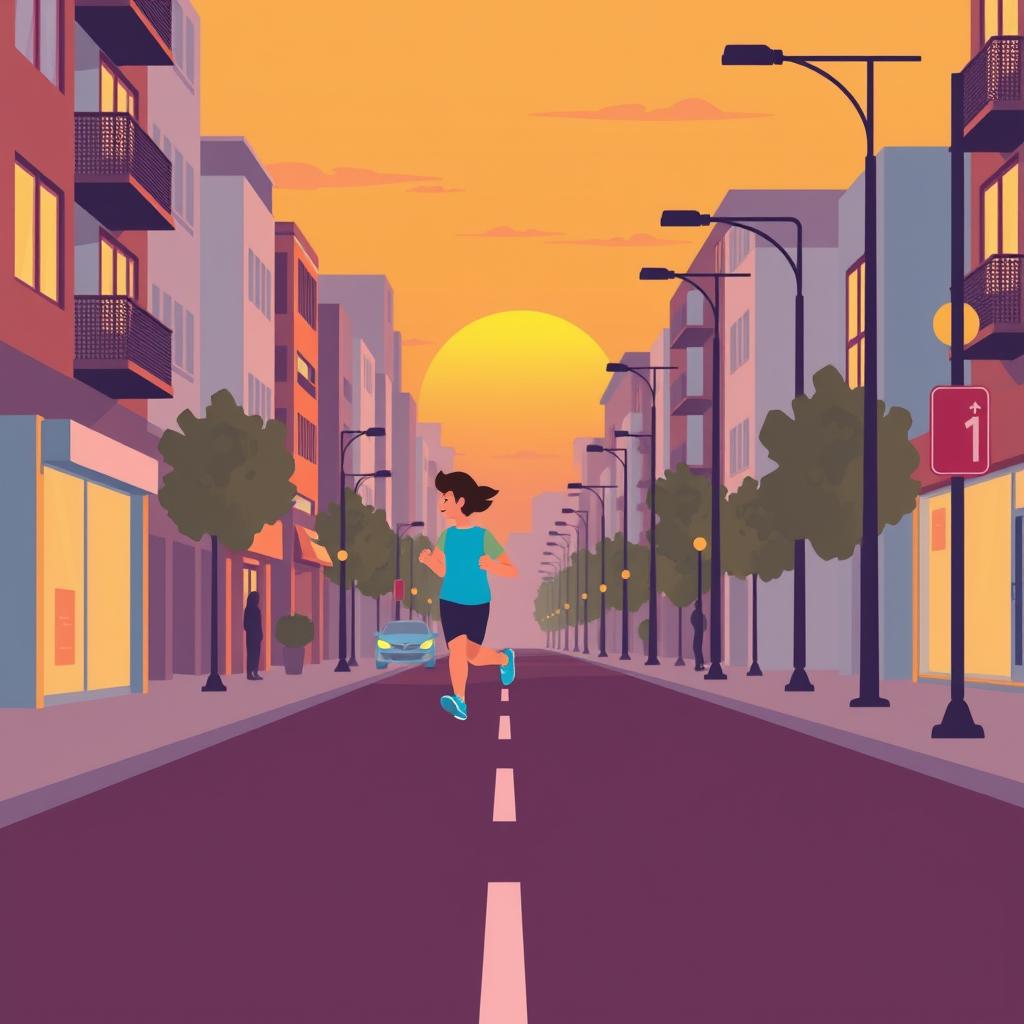 A runner on an urban street at sunrise, motivational atmosphere