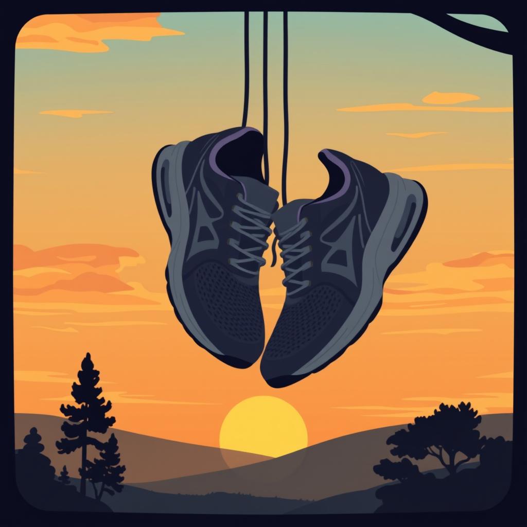 A pair of running shoes hanging by laces against a sunset sky