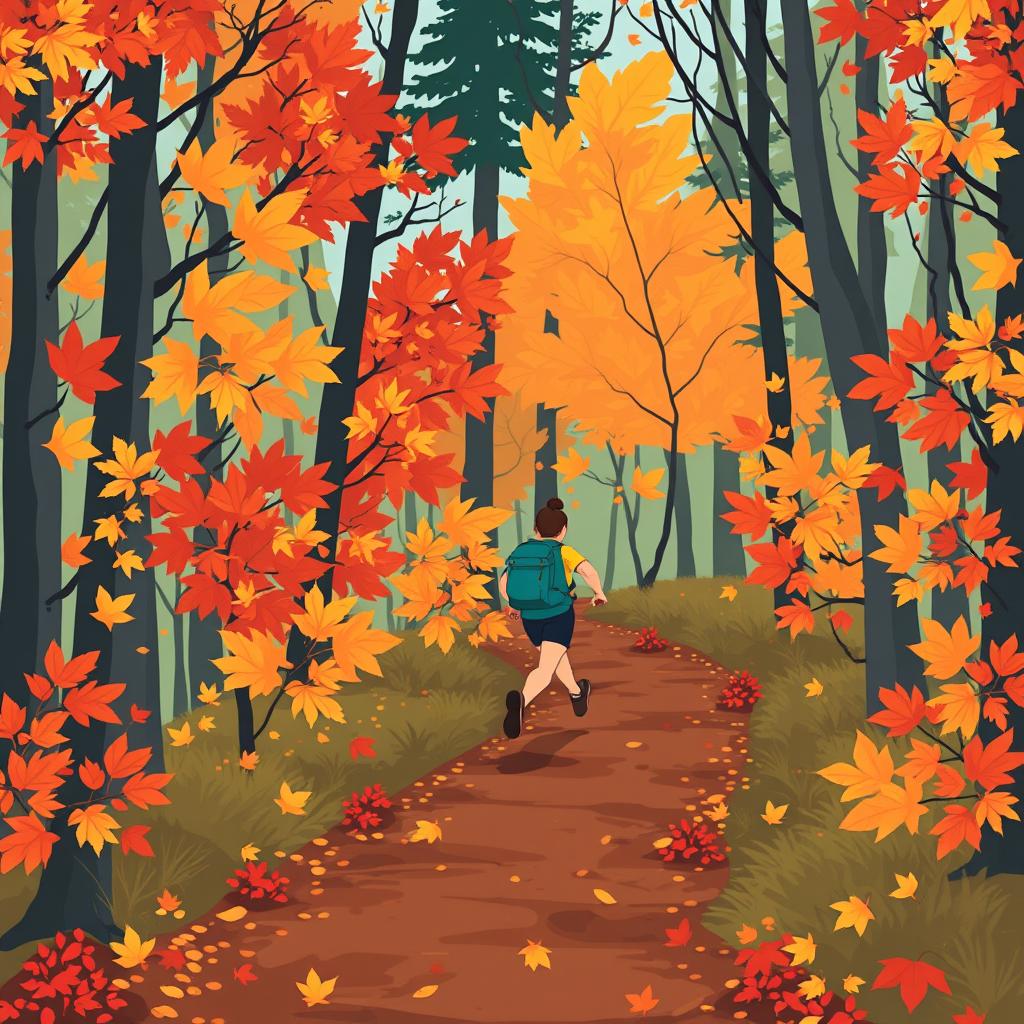A trail runner moving through colorful autumn leaves on a forest path