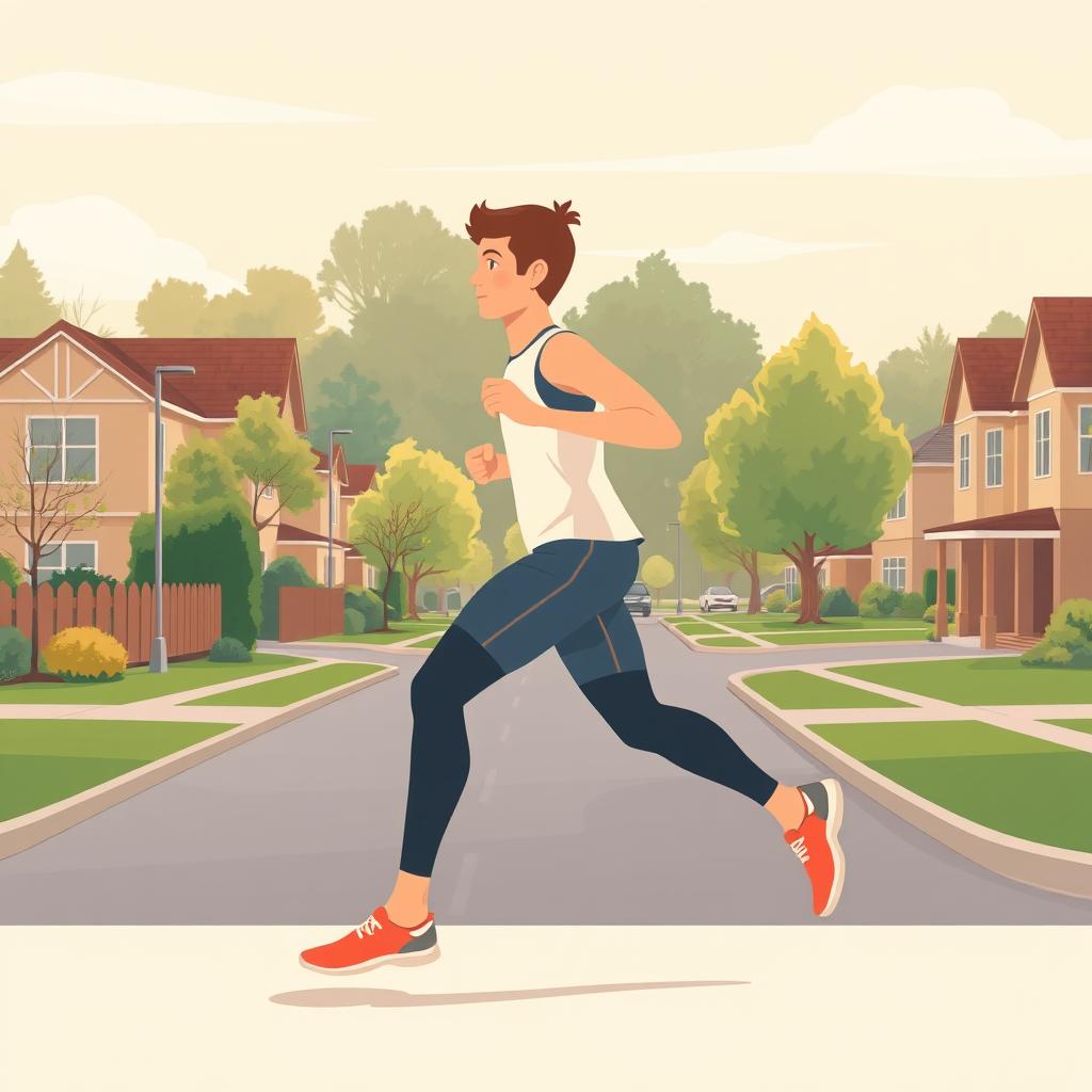 A runner stretching their legs before a morning jog in a quiet neighborhood
