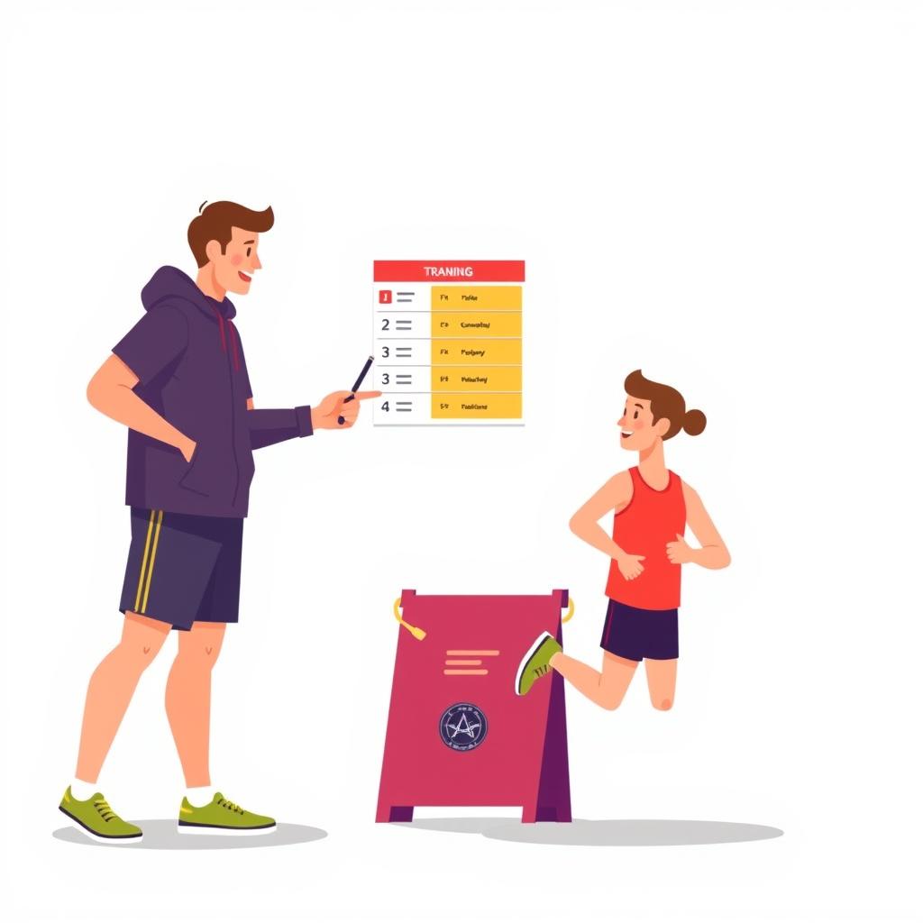 A running coach pointing at a training schedule with a runner listening attentively