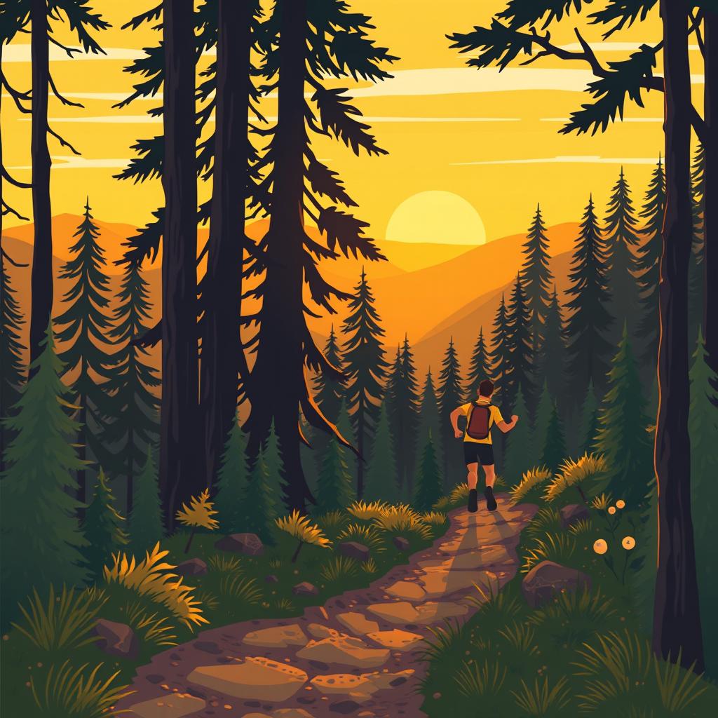 A runner climbing a hilly forest trail at golden hour