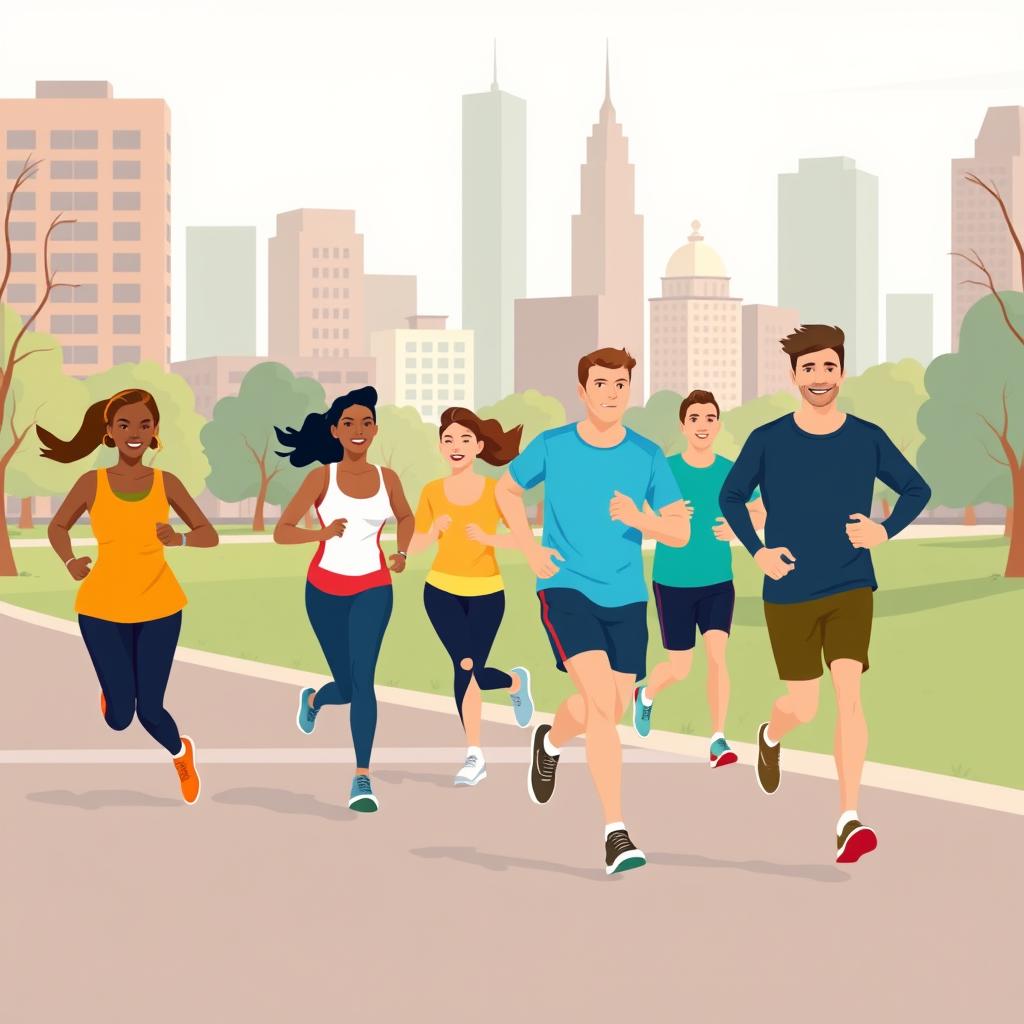 A diverse group of runners jogging together in a city park, friendly atmosphere