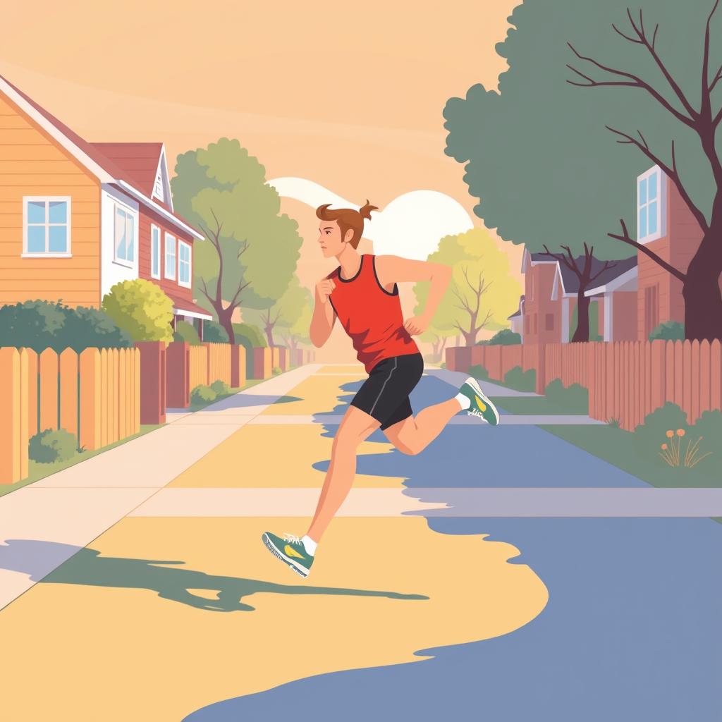 A runner stretching their legs before a morning jog in a quiet neighborhood