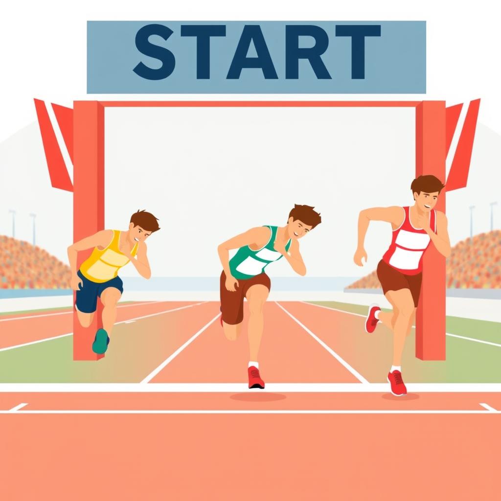 Three runners lined up at a race starting line ready to sprint