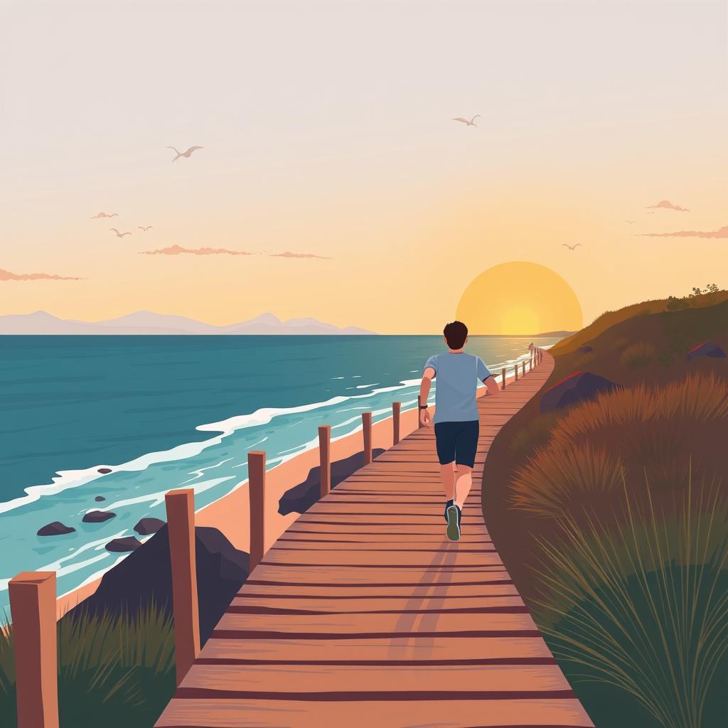 A solo runner on a wooden boardwalk along the sea coast at sunrise, peaceful atmosphere