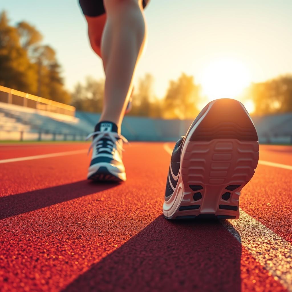 Close-up of running shoes on an athletic track with golden hour lighting