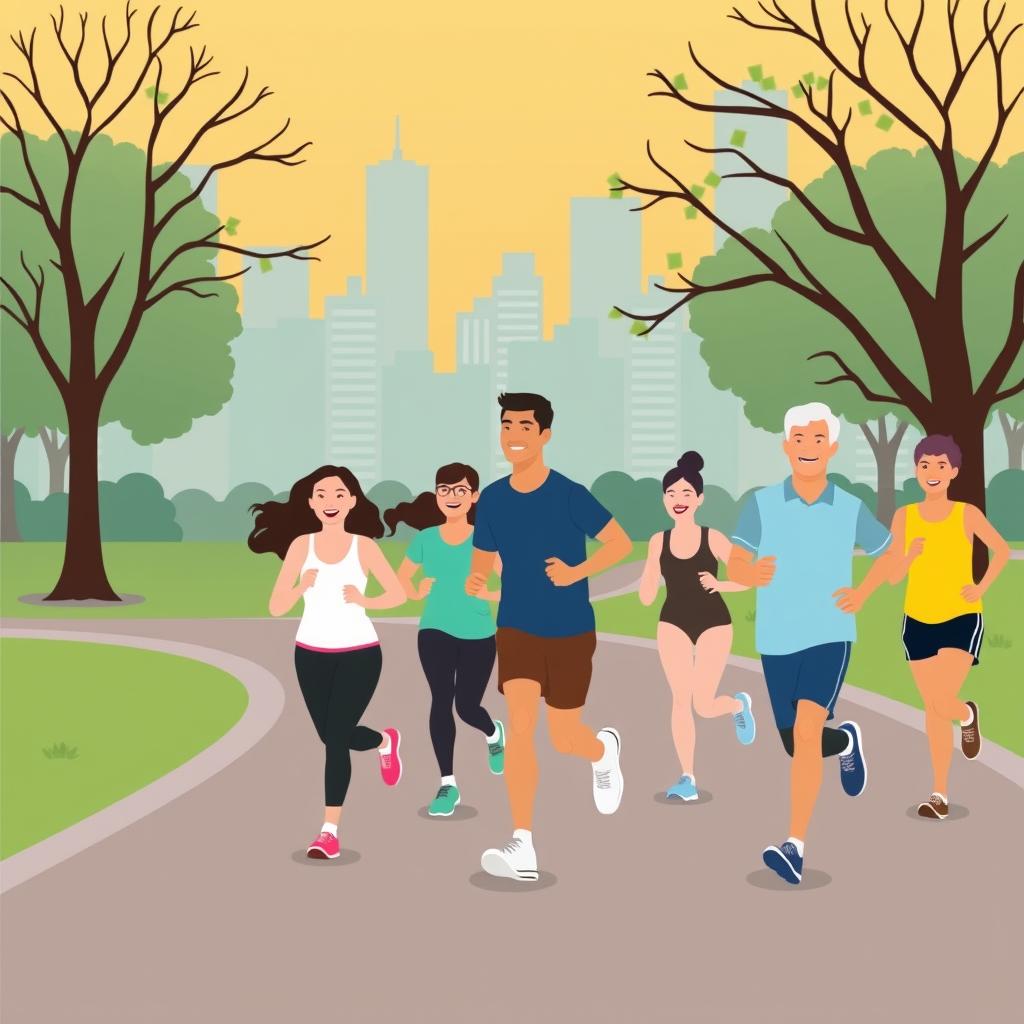 A diverse group of runners jogging together in a city park, friendly atmosphere