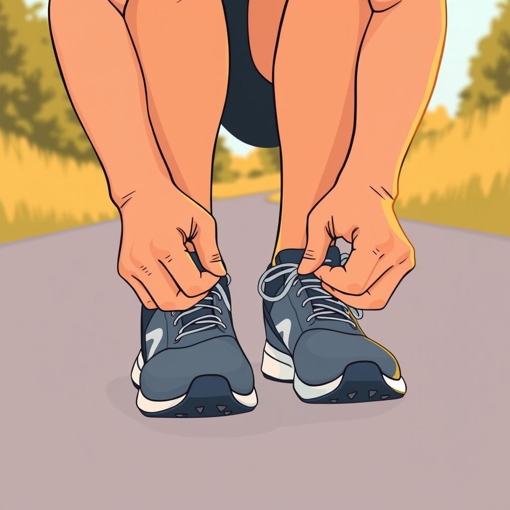 A runner tying shoelaces before a morning run, intimate close-up of hands