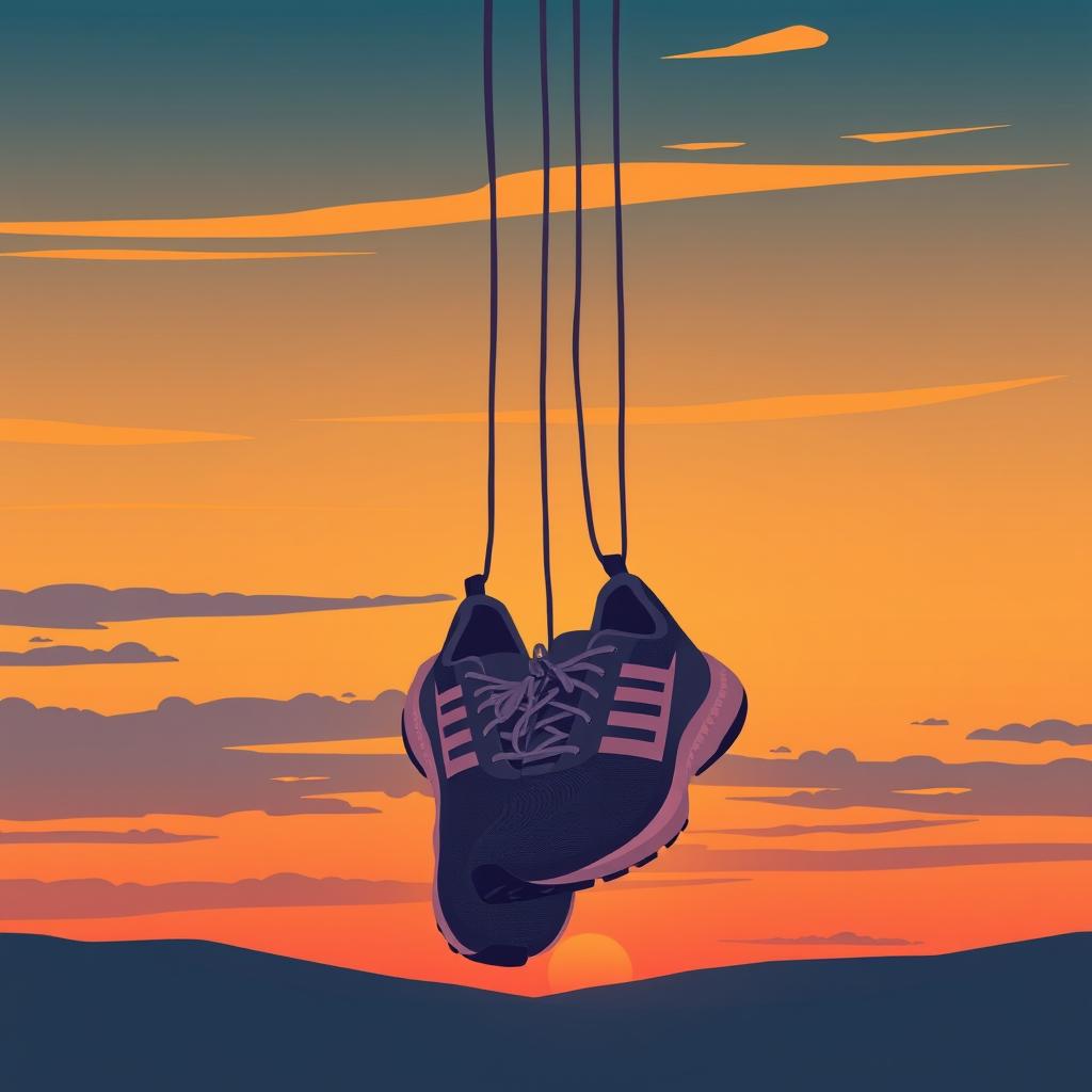 A pair of running shoes hanging by laces against a sunset sky