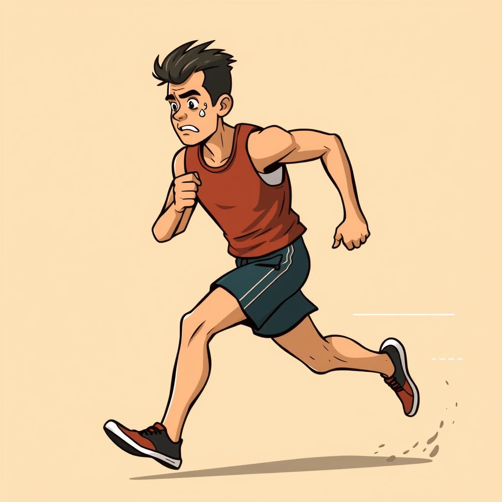 A determined runner mid-stride with sweat on their face, dynamic motion