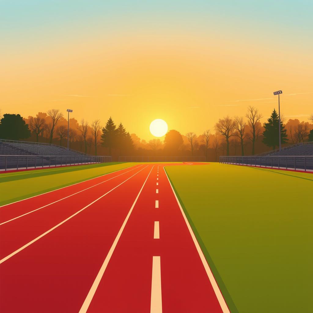An empty athletic running track bathed in warm sunrise light